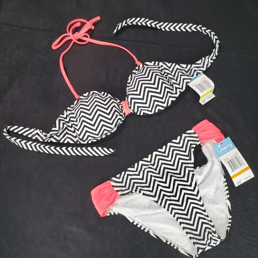 California Waves Chevron Striped Bikini Set Medium Top Small Bottom NWT Blk/Whit
